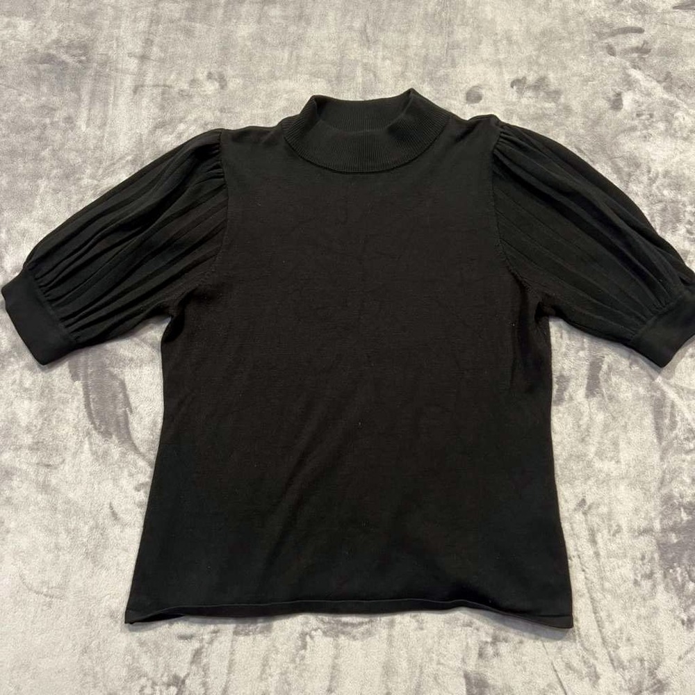 Tahari Womens Black Mock Neck Puff Sleeve Crop Top L Long Sleeve Blouse Ribbed